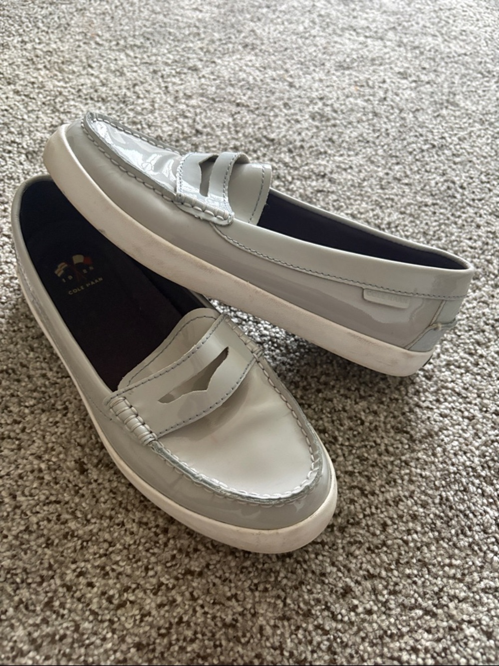 Cole Haan Light Gray Patent Penny Loafers with White Sole